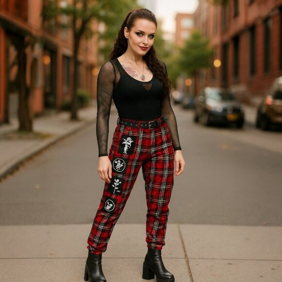 Long Clothing Red Tartan Clip Pants Punk Patch Buckle Straps Y2K Streetwear S - Picture 5 of 10